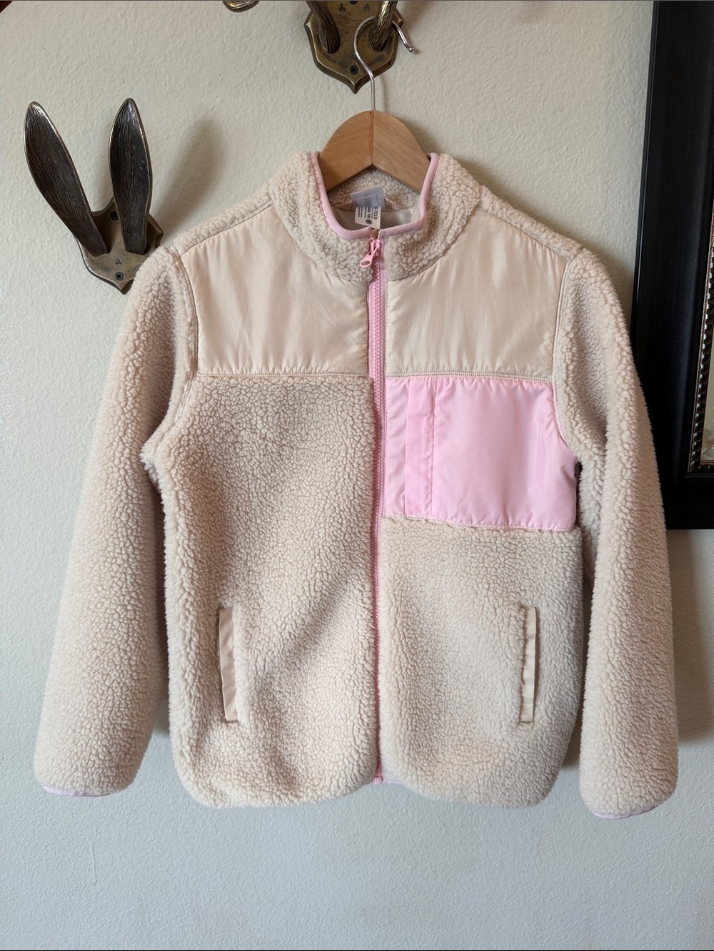 Hanna Andersson Cream Sherpa Jacket with Pink Chest Pocket